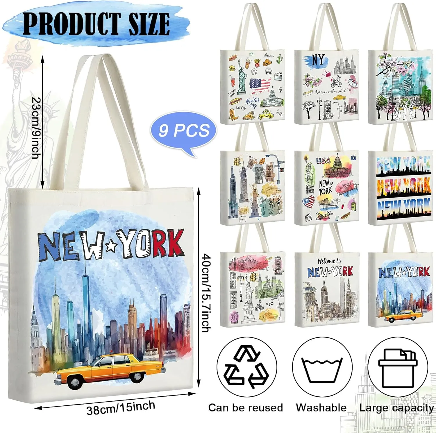 9 Pcs New York Tote Canvas Bags Souvenir Gift Grocery Shopping Tote Bag for Travel Gifts