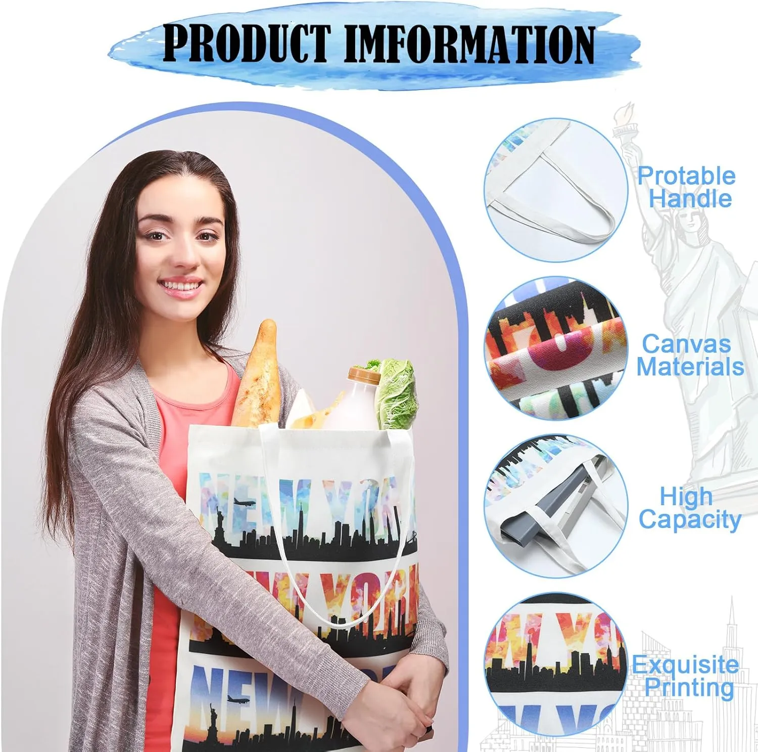 9 Pcs New York Tote Canvas Bags Souvenir Gift Grocery Shopping Tote Bag for Travel Gifts