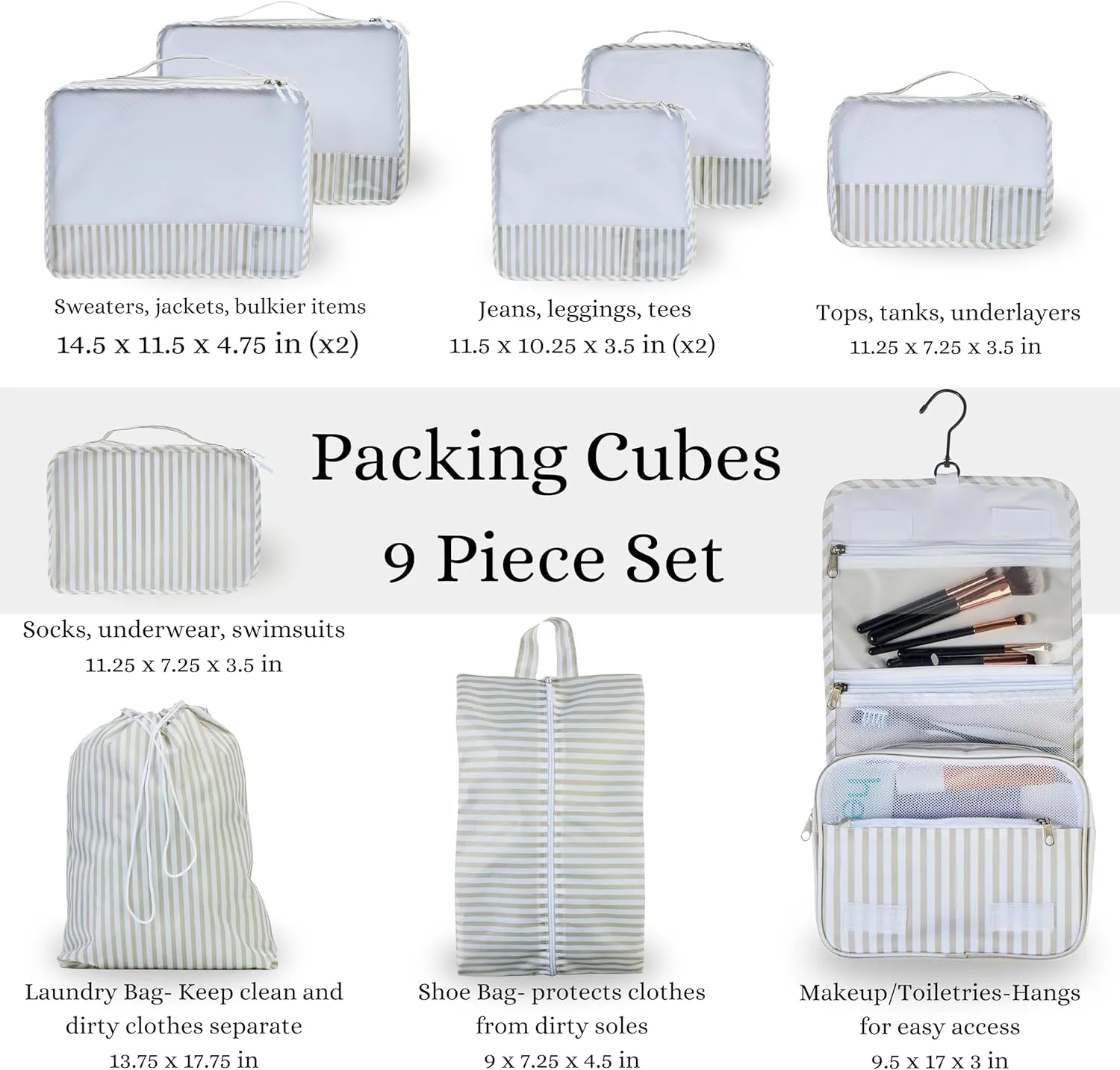 9 Piece Set Packing Cubes - Suitcase Organizer, Cute Packing Cubes, Travel Bag Organizer Luggage, Toiletry & Makeup Bag, Gifts for Women, Teachers and Gradutes -Stripe