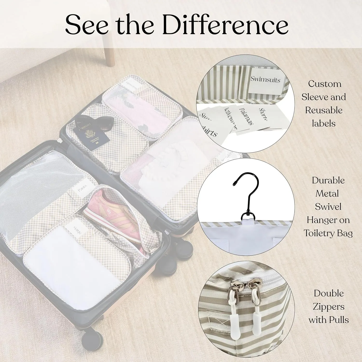 9 Piece Set Packing Cubes - Suitcase Organizer, Cute Packing Cubes, Travel Bag Organizer Luggage, Toiletry & Makeup Bag, Gifts for Women, Teachers and Gradutes -Stripe