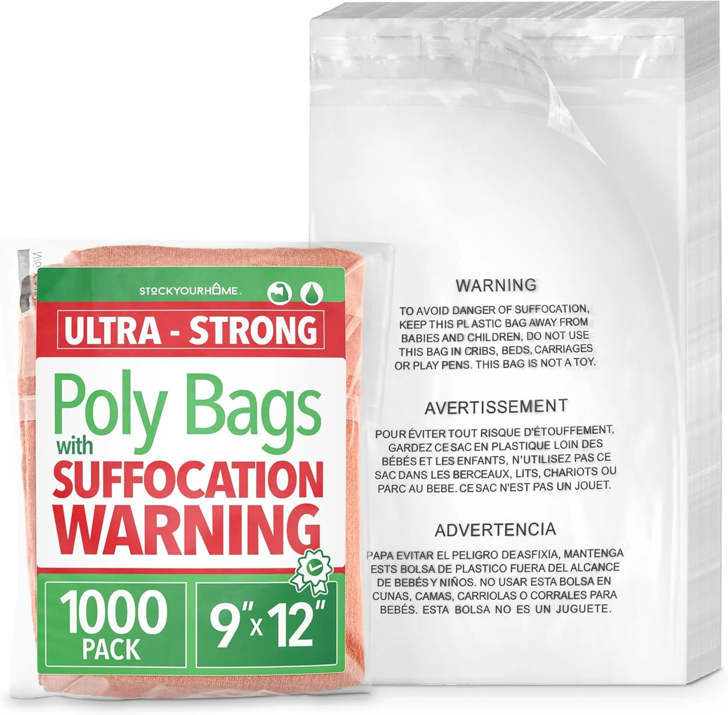 9” x 12” Self-Sealing Clear Poly Bags (1000 Pack), Packing Envelopes with Suffocation Warning for Shipping & Mailing Clothing and Toys, Small Business Supplies