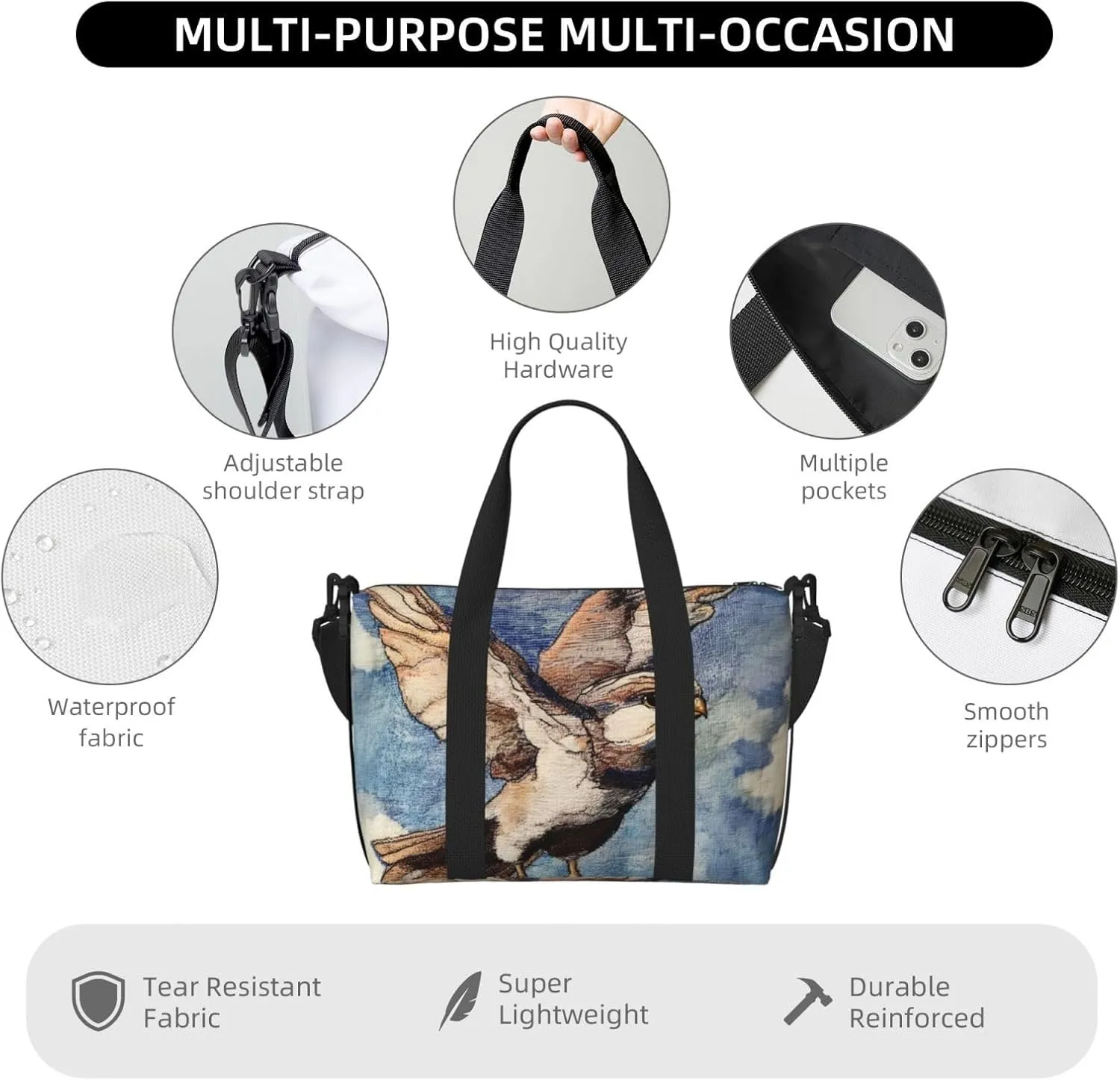 A bird art print Travel Duffel Bag, Sports Tote Gym Bag, Swim Pool Bag Large Shoulder Tote Bag for Beach Weekender