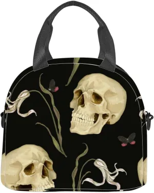 A mystical Dark skulls delicate white flowers butterflies Mysterious Insulated Adult Lunch Bag with Shoulder Strap for Women Lightweight Reusable Portable Freezable Lunch Tote Bag for Work Picnic