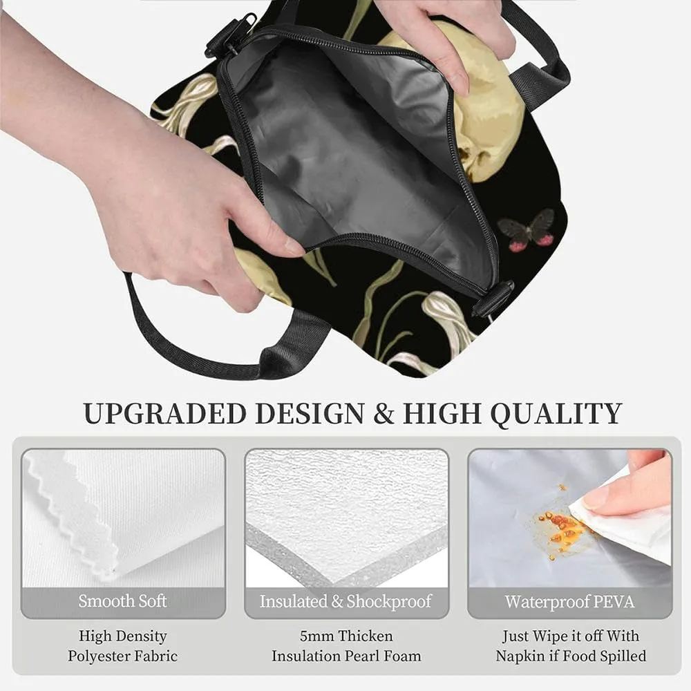A mystical Dark skulls delicate white flowers butterflies Mysterious Insulated Adult Lunch Bag with Shoulder Strap for Women Lightweight Reusable Portable Freezable Lunch Tote Bag for Work Picnic