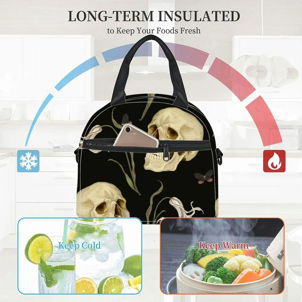 A mystical Dark skulls delicate white flowers butterflies Mysterious Insulated Adult Lunch Bag with Shoulder Strap for Women Lightweight Reusable Portable Freezable Lunch Tote Bag for Work Picnic