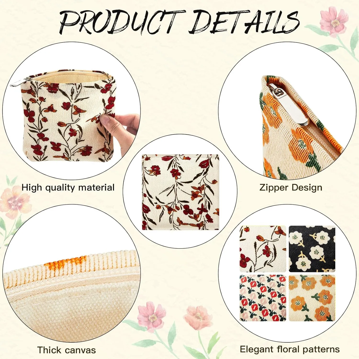 Abbylike 4 Pcs Floral Makeup Bag Corduroy Cosmetic Bag with Zipper Portable Small Pouches for Purse Toiletry Mini Pouch Cute Mini Makeup Purse for Coin Essentials Items Women(Classic)