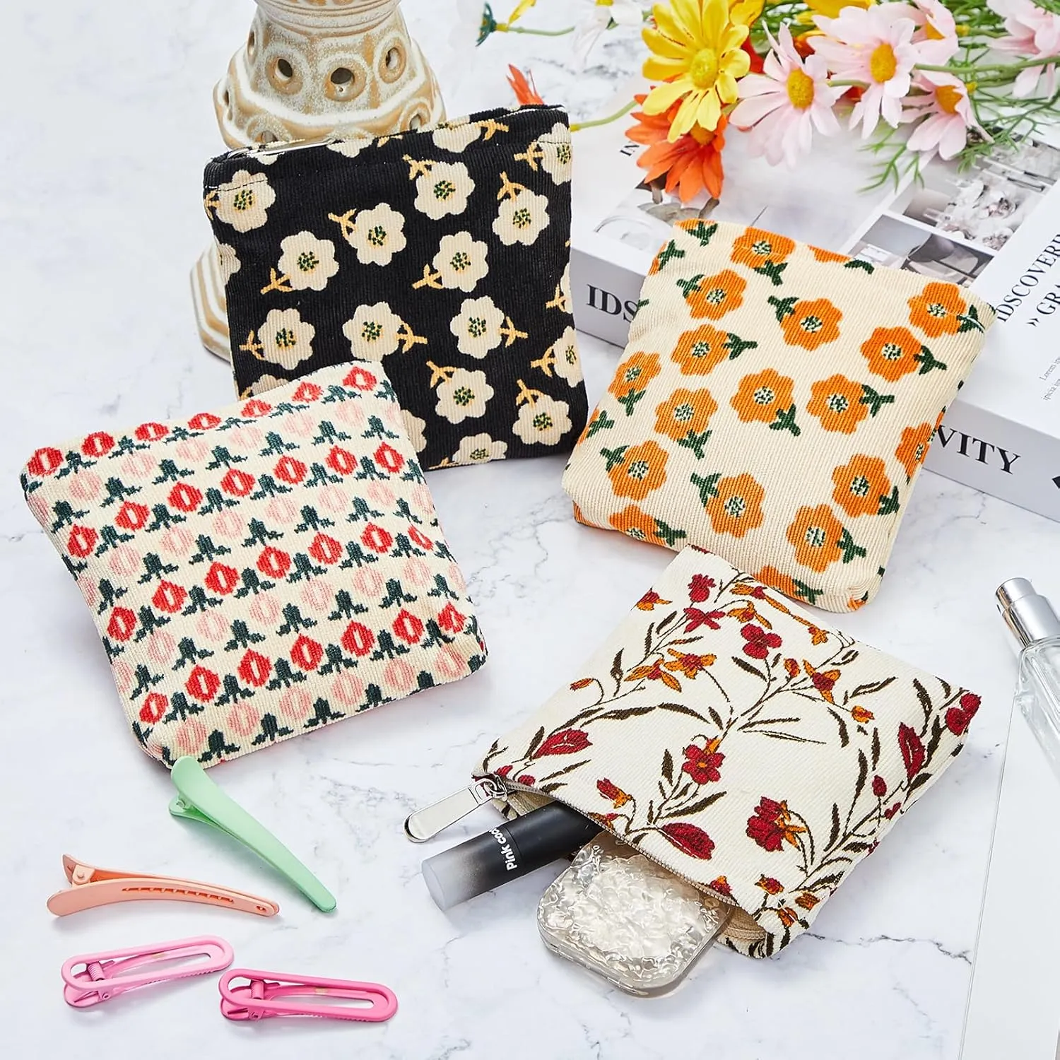 Abbylike 4 Pcs Floral Makeup Bag Corduroy Cosmetic Bag with Zipper Portable Small Pouches for Purse Toiletry Mini Pouch Cute Mini Makeup Purse for Coin Essentials Items Women(Classic)