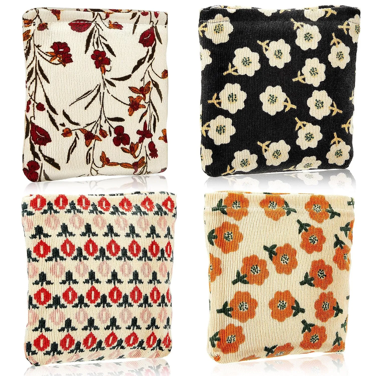 Abbylike 4 Pcs Floral Makeup Bag Corduroy Cosmetic Bag with Zipper Portable Small Pouches for Purse Toiletry Mini Pouch Cute Mini Makeup Purse for Coin Essentials Items Women(Classic)