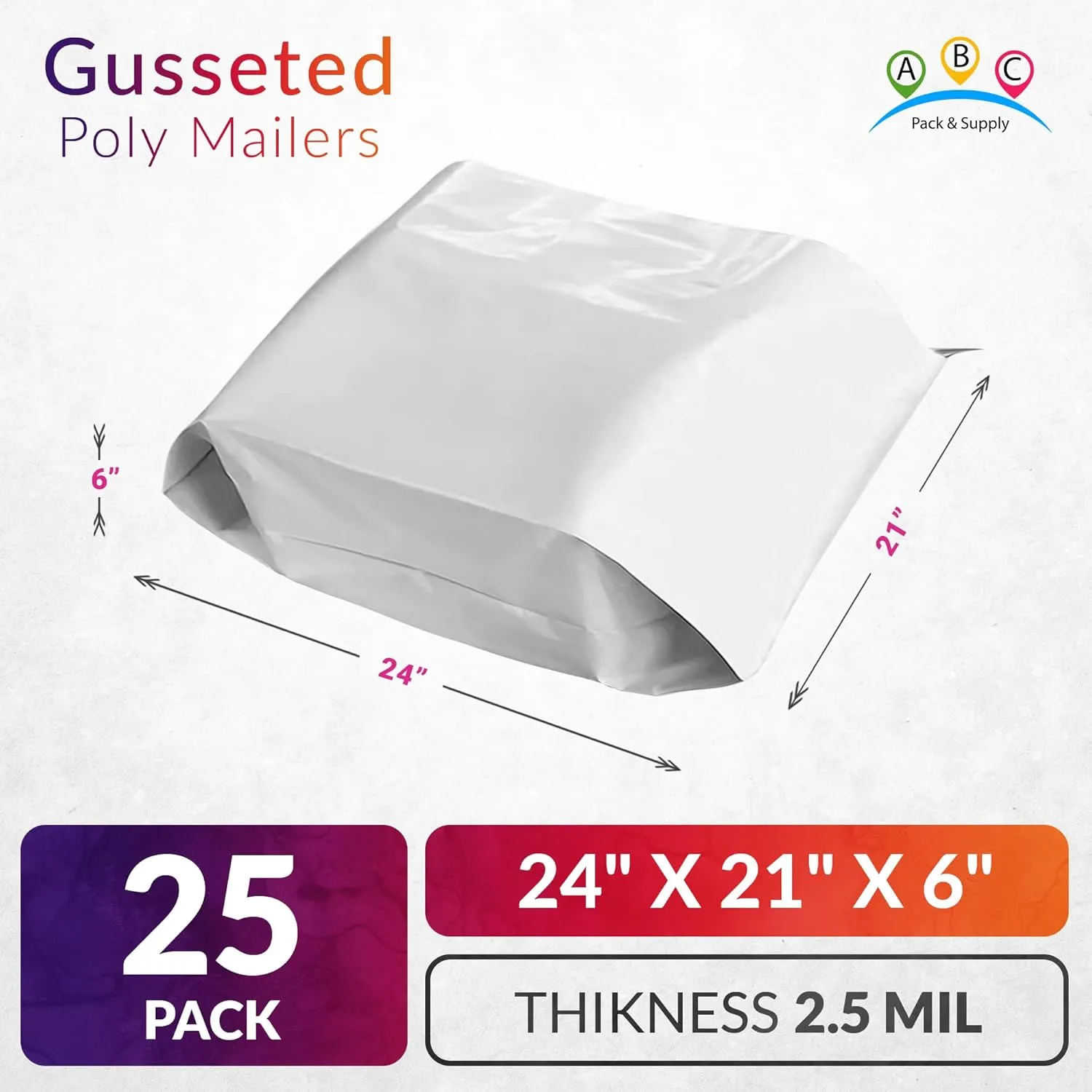 ABC White Gusseted Poly Mailers, 24 x 21 x 6 Inch. Pack of 25 Expansion Poly Mailers Bags for Shipping Clothing