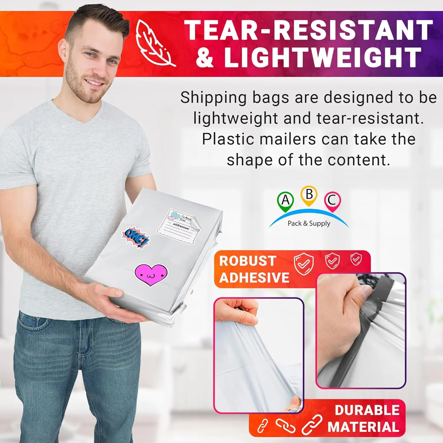 ABC White Gusseted Poly Mailers, 24 x 21 x 6 Inch. Pack of 25 Expansion Poly Mailers Bags for Shipping Clothing