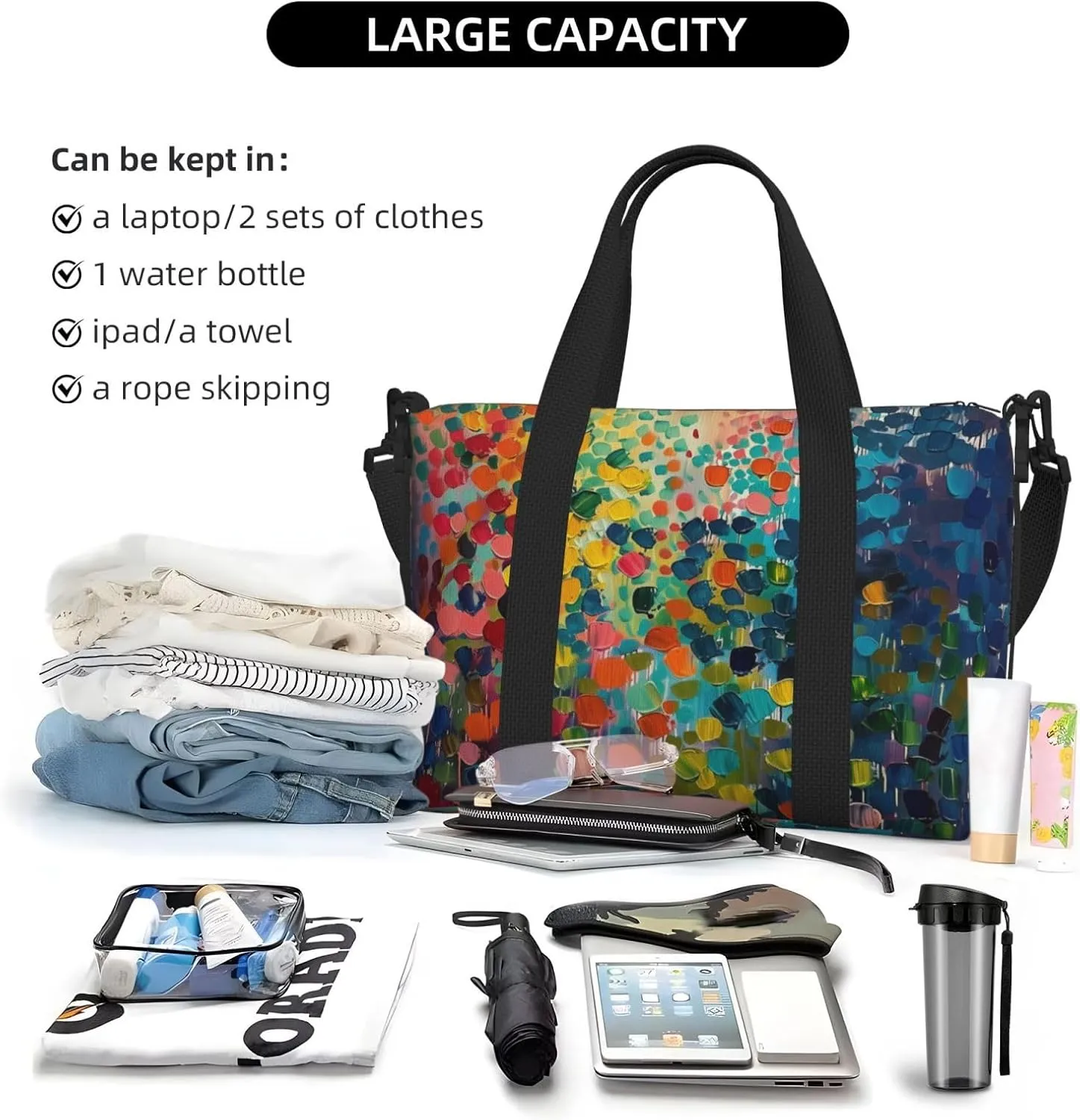 abstract color dots print Travel Duffel Bag, Sports Tote Gym Bag, Swim Pool Bag Large Shoulder Tote Bag for Beach Weekender
