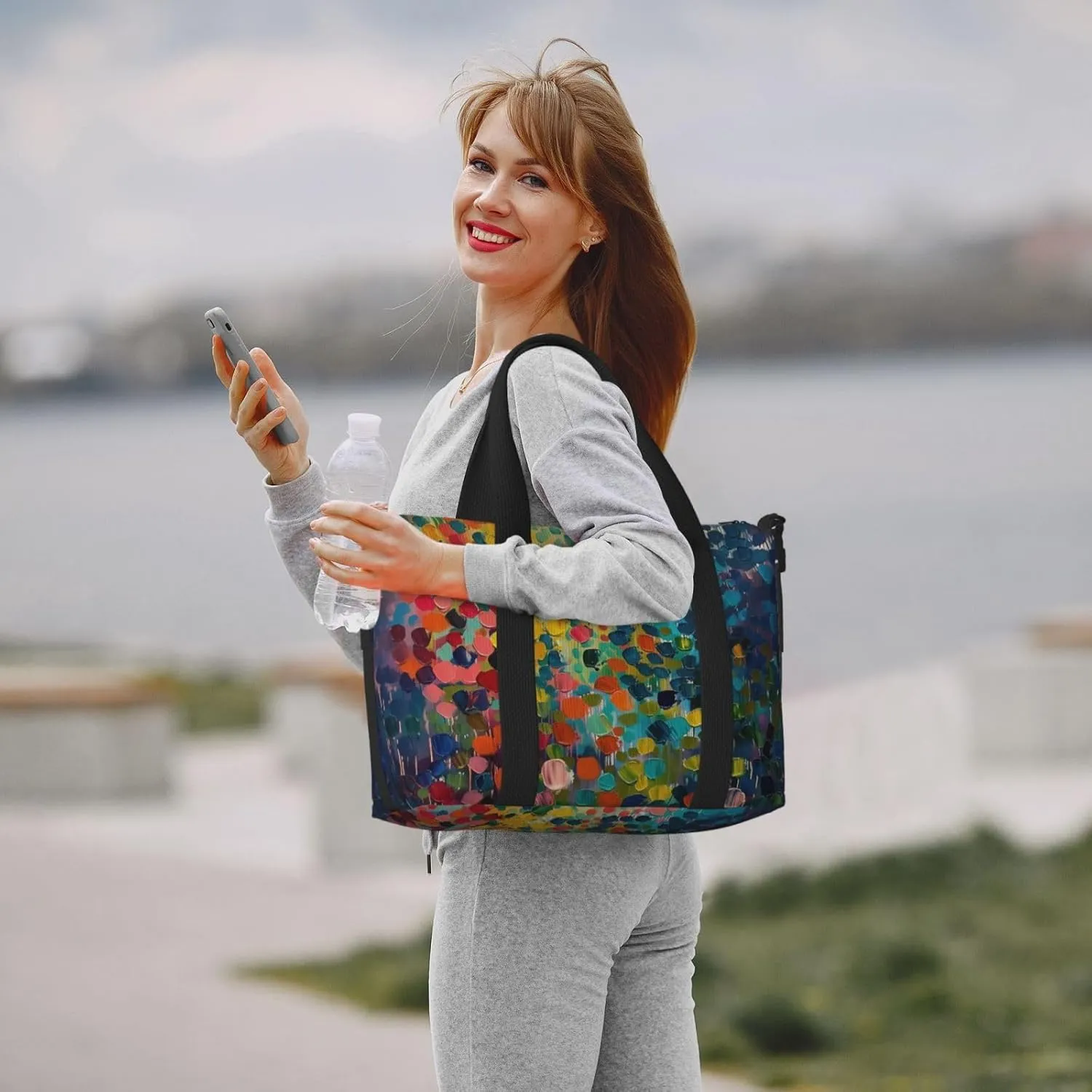 abstract color dots print Travel Duffel Bag, Sports Tote Gym Bag, Swim Pool Bag Large Shoulder Tote Bag for Beach Weekender