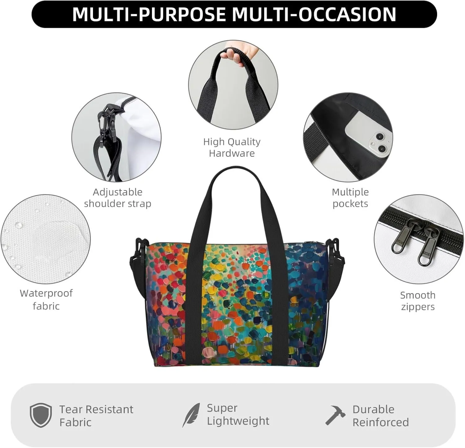 abstract color dots print Travel Duffel Bag, Sports Tote Gym Bag, Swim Pool Bag Large Shoulder Tote Bag for Beach Weekender