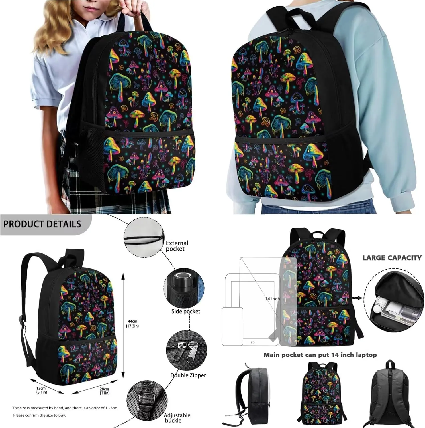 Abstract Colorful Mushroom Pattern School Backpack for Kids 4Pcs Set 17" Durable Bookbag, Thermal Lunch Bag, Pencil Pouch, Water Bottle Carrier for Boy Girl Students