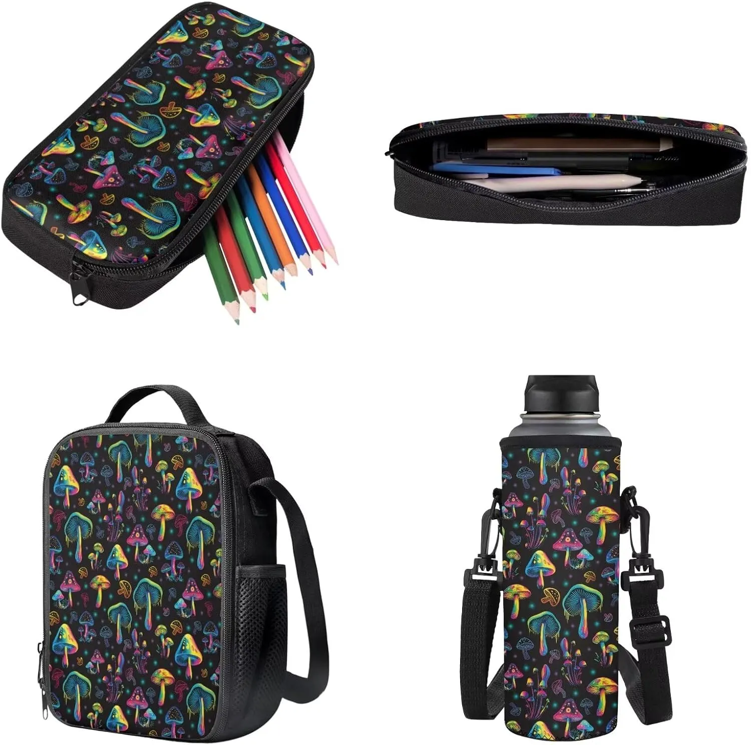 Abstract Colorful Mushroom Pattern School Backpack for Kids 4Pcs Set 17" Durable Bookbag, Thermal Lunch Bag, Pencil Pouch, Water Bottle Carrier for Boy Girl Students