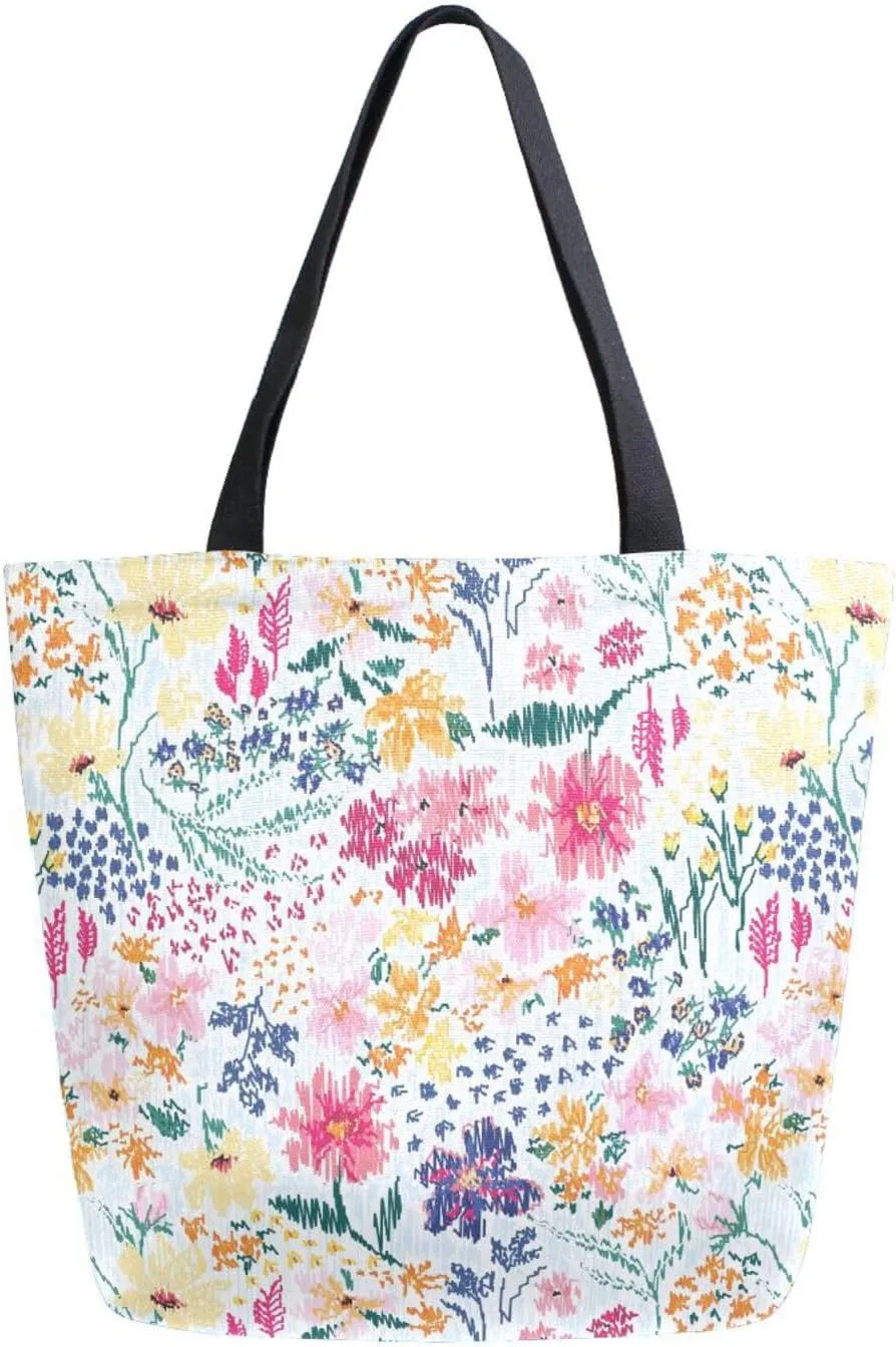 Abstract Colorful Spring Wildflower Canvas Tote Bag for Women with Zipper Pocket Reusable Grocery Shopping Bags Large Travel Shoulder Bag Handbag Bags