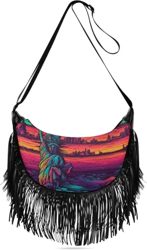 Abstract Statue Liberty Fringe Hippie Purses, Western Tassel Bags Crossbody Bags for Women with Adjustable Strap Fabric and PU Material