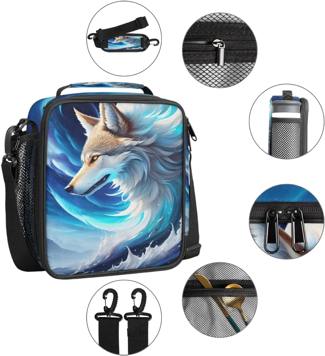 Abstract Wolf Insulated Lunch Bag for Girls Boys Teen Cool Galaxy Wolf Reusable Lunch Box with Shoulder Strap Freezable Thermal Cooler Bag Meal Prep Boxs for School Travel Picnic Beach Lunch Pail