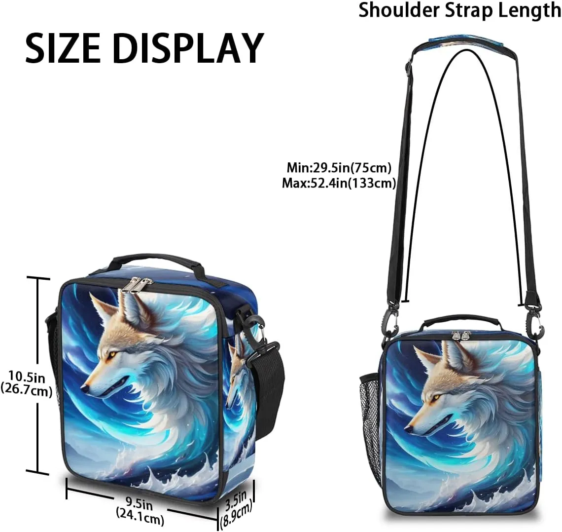 Abstract Wolf Insulated Lunch Bag for Girls Boys Teen Cool Galaxy Wolf Reusable Lunch Box with Shoulder Strap Freezable Thermal Cooler Bag Meal Prep Boxs for School Travel Picnic Beach Lunch Pail