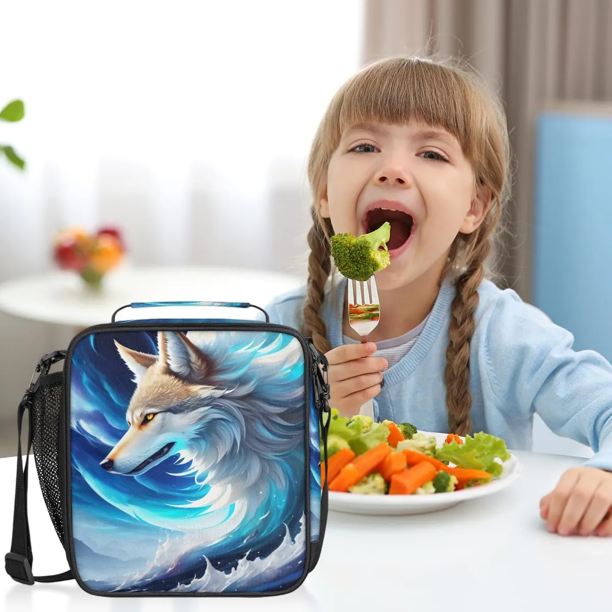 Abstract Wolf Insulated Lunch Bag for Girls Boys Teen Cool Galaxy Wolf Reusable Lunch Box with Shoulder Strap Freezable Thermal Cooler Bag Meal Prep Boxs for School Travel Picnic Beach Lunch Pail