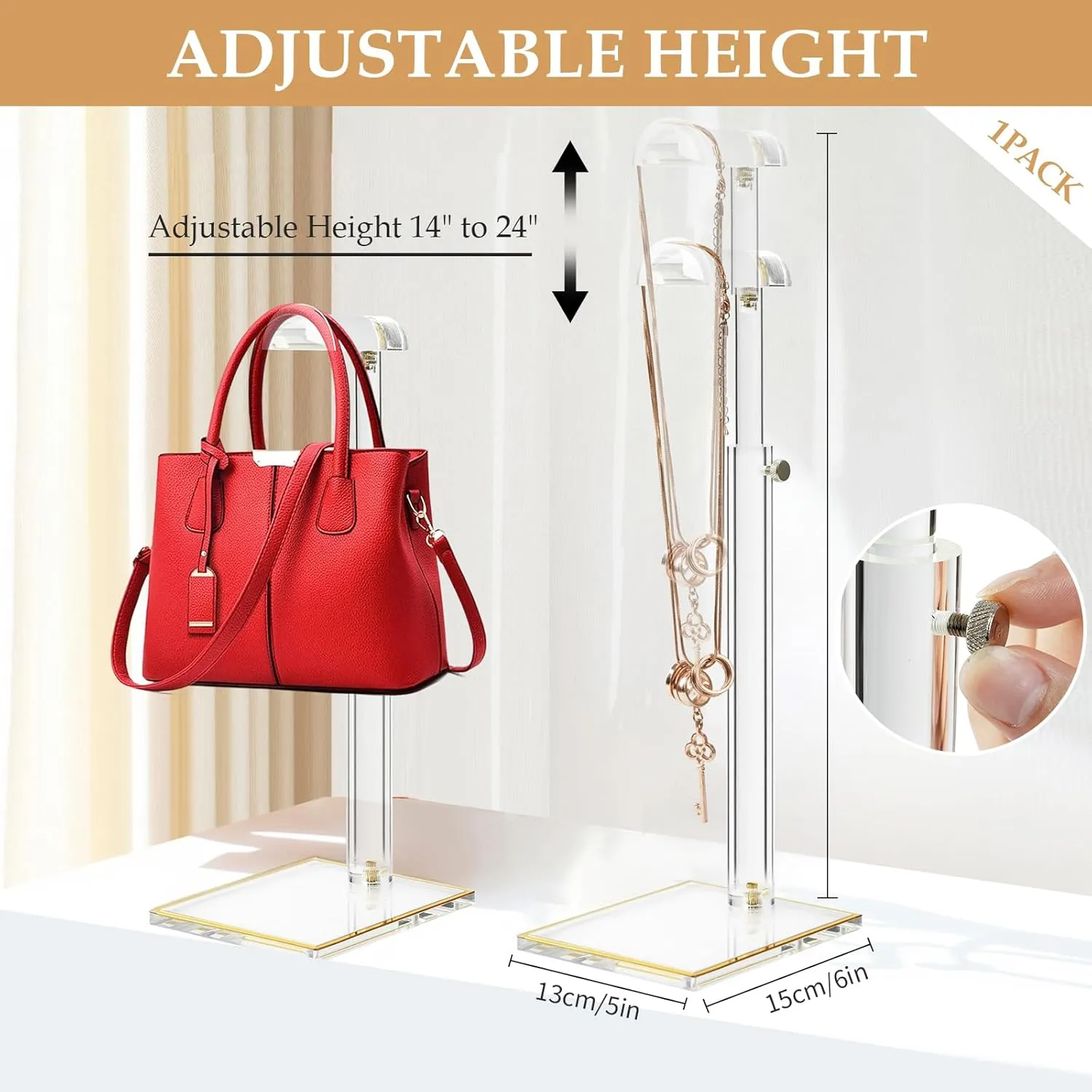 Acrylic Purse Display Stand, 1pack Clear Purse Rack Stands, Durable Adjustable Height Handbag Holder, Gold Trim Bag Stands Hanging Wallet Jewelry Necklace Organizer for Closet Retail (PATENT PENDING)
