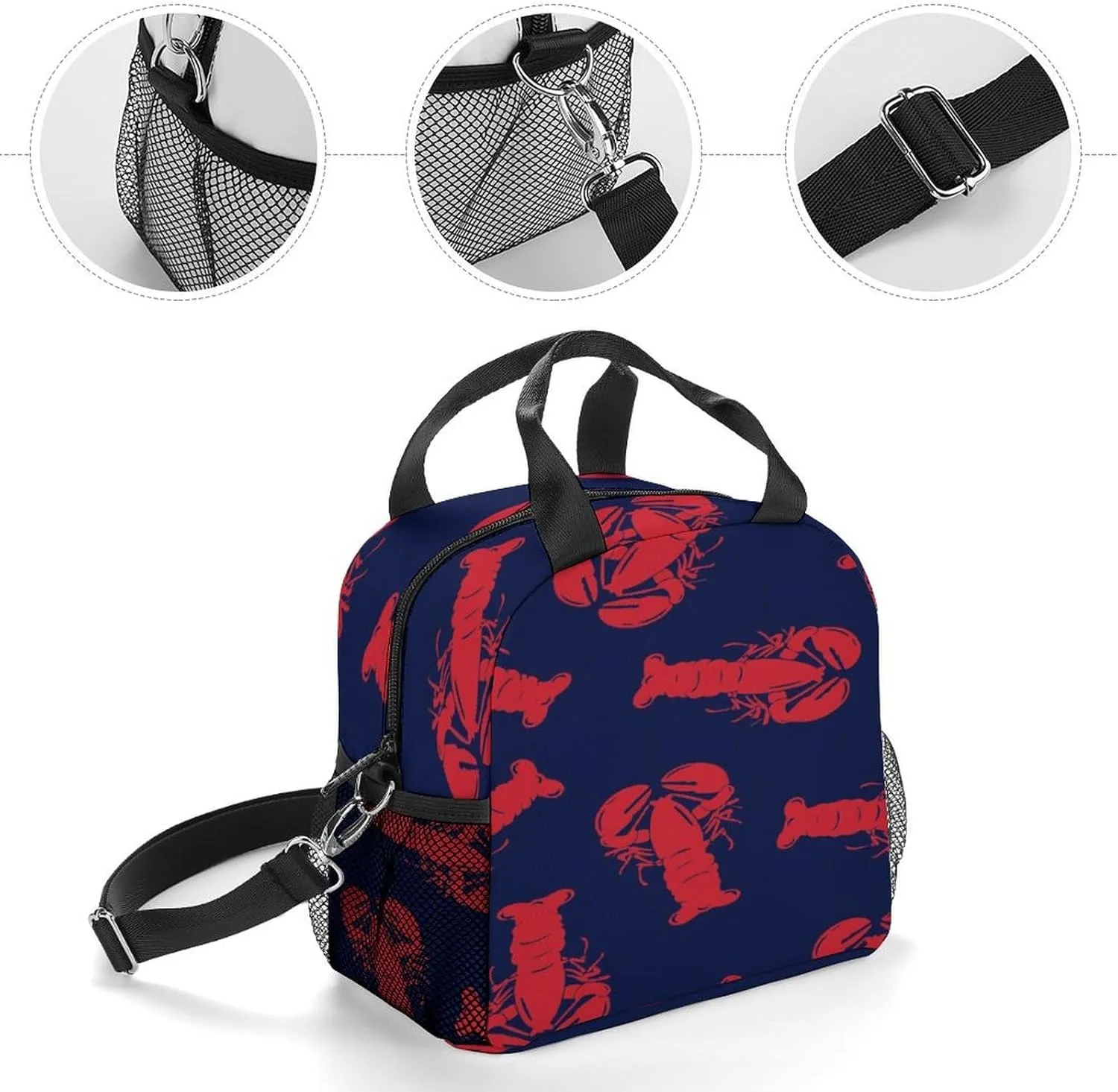 Adults Reusable Insulated Navy Red Lobster Lunch Bag with Shoulder Adjustable Strap Thermal Cooler Lunch Tote Lunch Box Handbag for Work Outdoor Travel Picnic