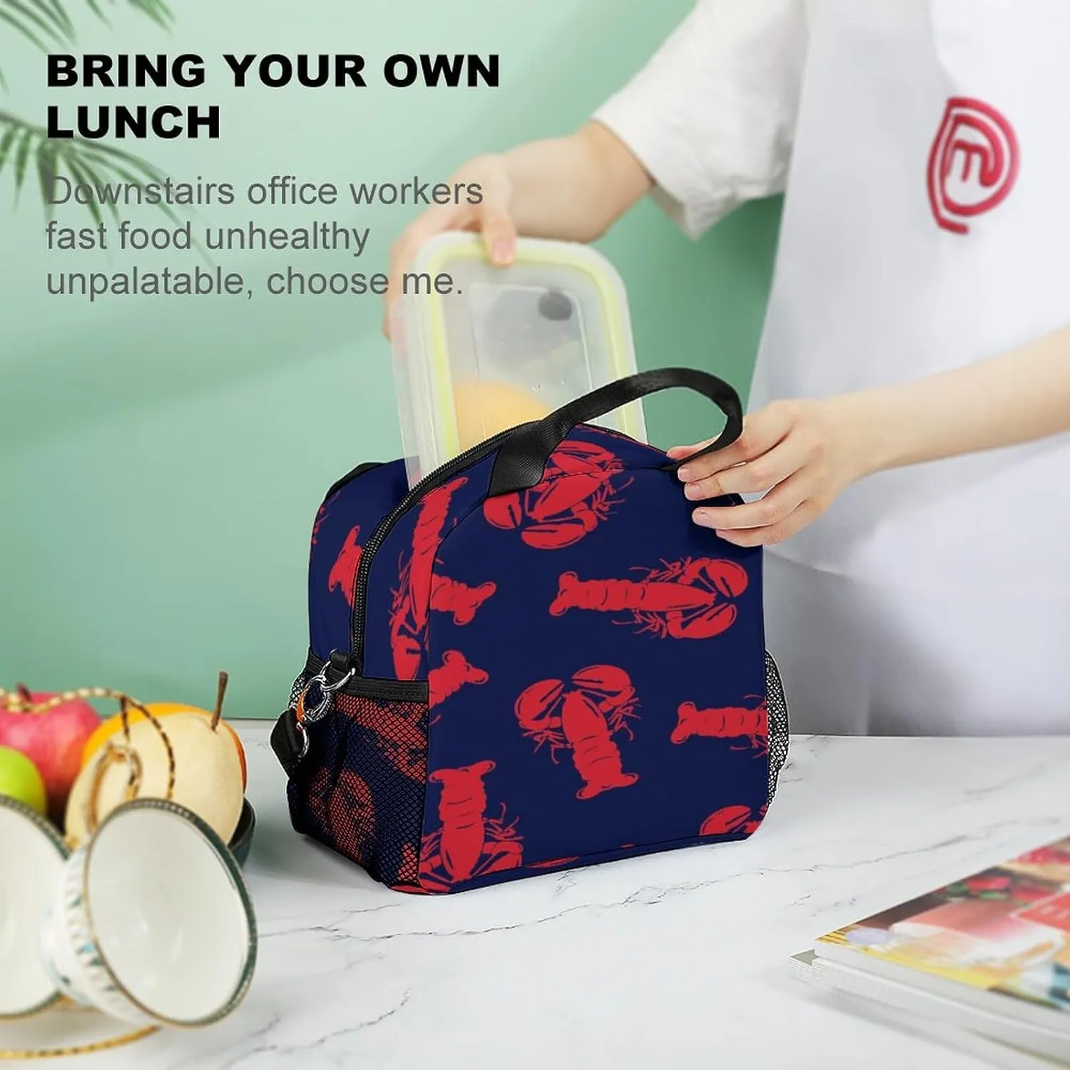Adults Reusable Insulated Navy Red Lobster Lunch Bag with Shoulder Adjustable Strap Thermal Cooler Lunch Tote Lunch Box Handbag for Work Outdoor Travel Picnic