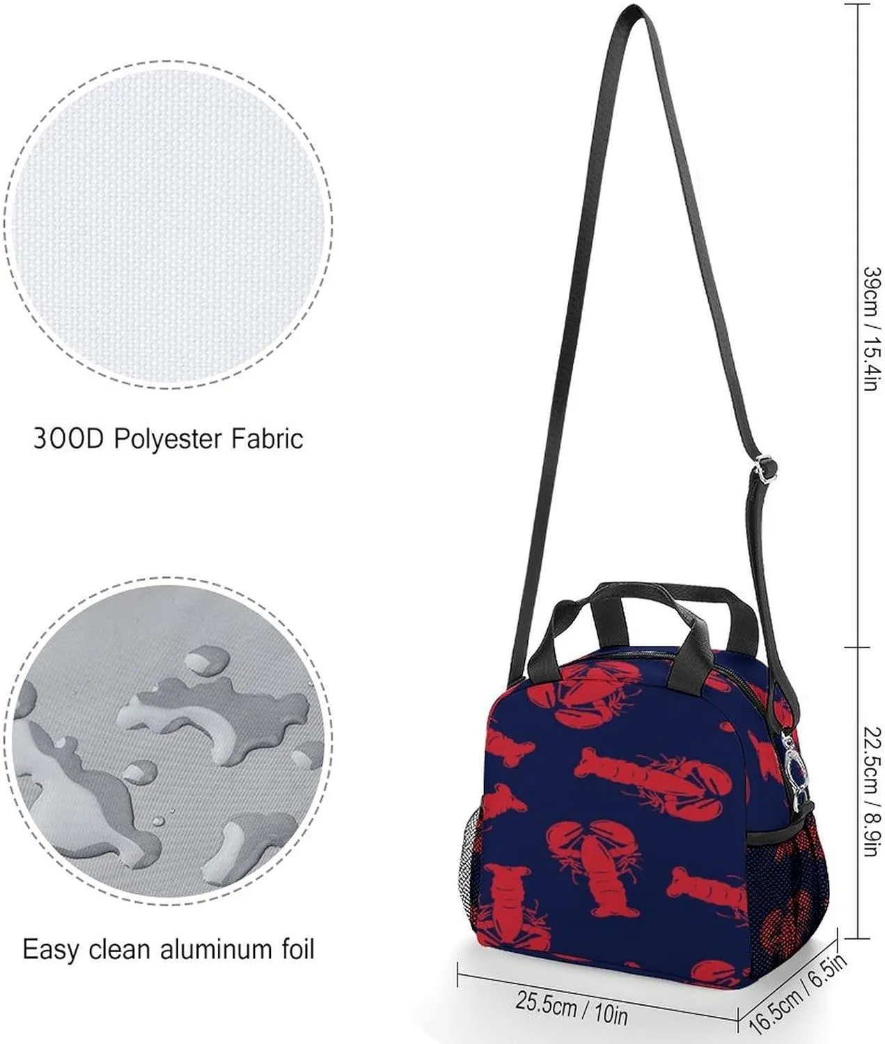 Adults Reusable Insulated Navy Red Lobster Lunch Bag with Shoulder Adjustable Strap Thermal Cooler Lunch Tote Lunch Box Handbag for Work Outdoor Travel Picnic