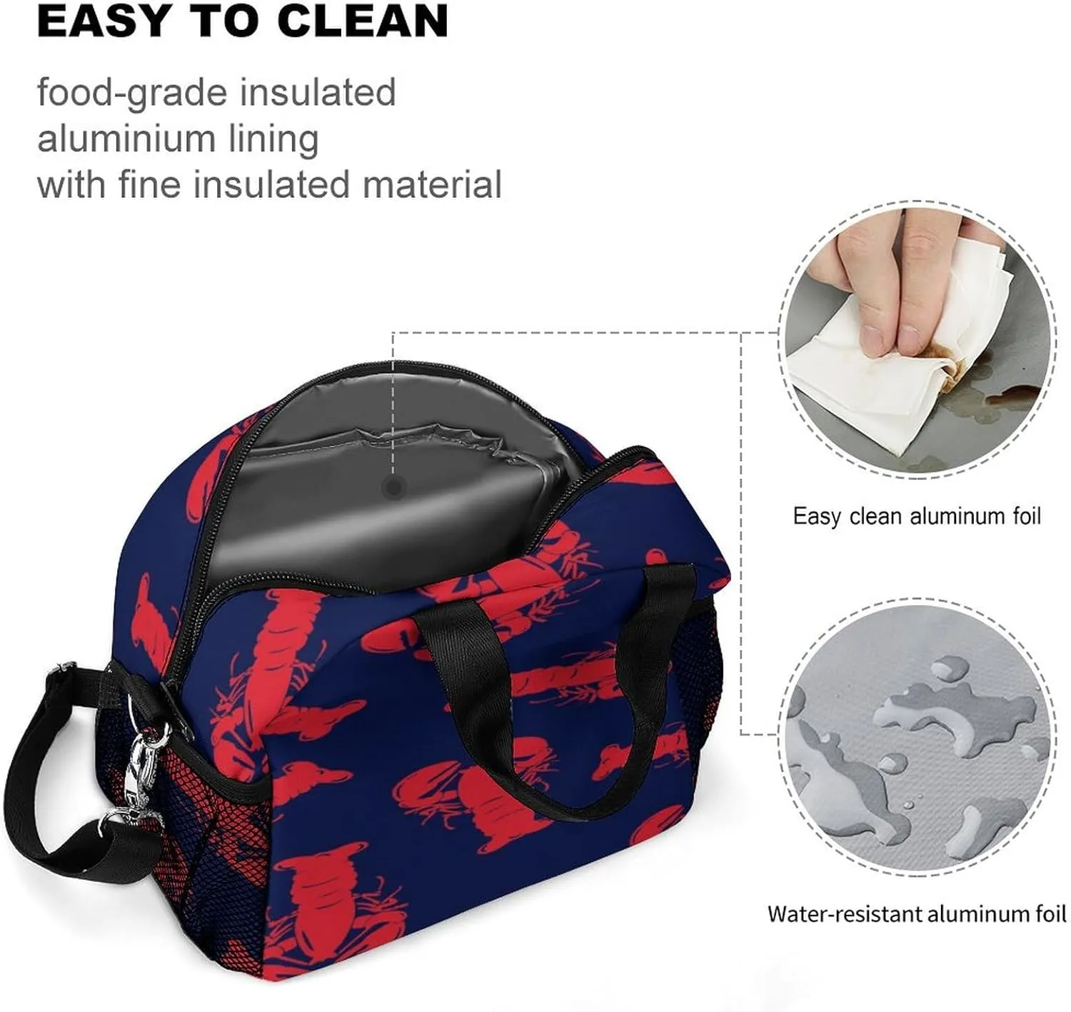 Adults Reusable Insulated Navy Red Lobster Lunch Bag with Shoulder Adjustable Strap Thermal Cooler Lunch Tote Lunch Box Handbag for Work Outdoor Travel Picnic
