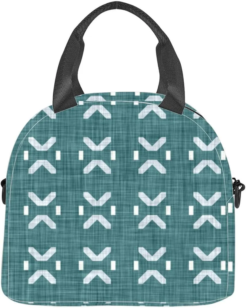 Aegean teal tonal patterned linen Summer coastal living style home Lunch Box for Women Men Adult Freezable Insulated Lunch Tote Bag for Work With Shoulder Strap Soft Large Small Cooler Bag Pail