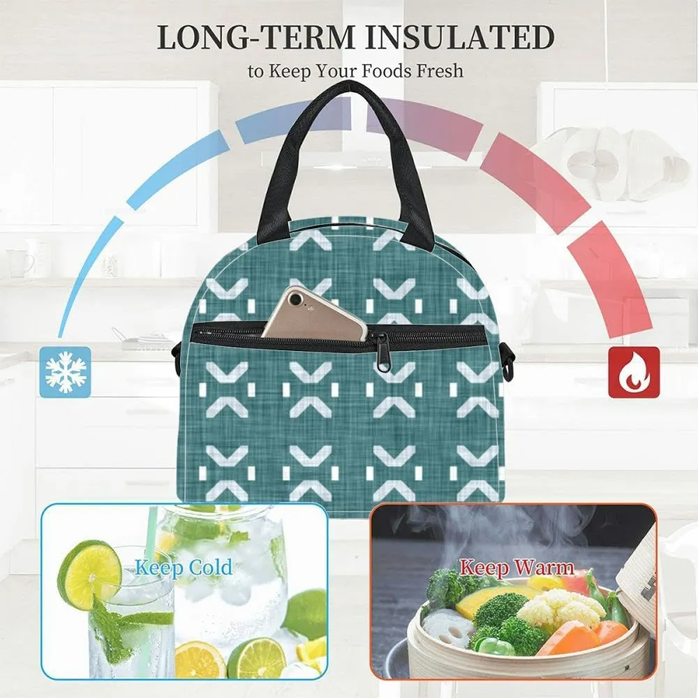 Aegean teal tonal patterned linen Summer coastal living style home Lunch Box for Women Men Adult Freezable Insulated Lunch Tote Bag for Work With Shoulder Strap Soft Large Small Cooler Bag Pail