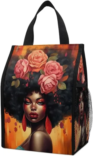 African American Women's Multicolor Floral Lunch Bag - Reusable Insulated Lunch Box - Portable & Thermal Insulated - Perfect for Hiking, Travel, Office - Adults