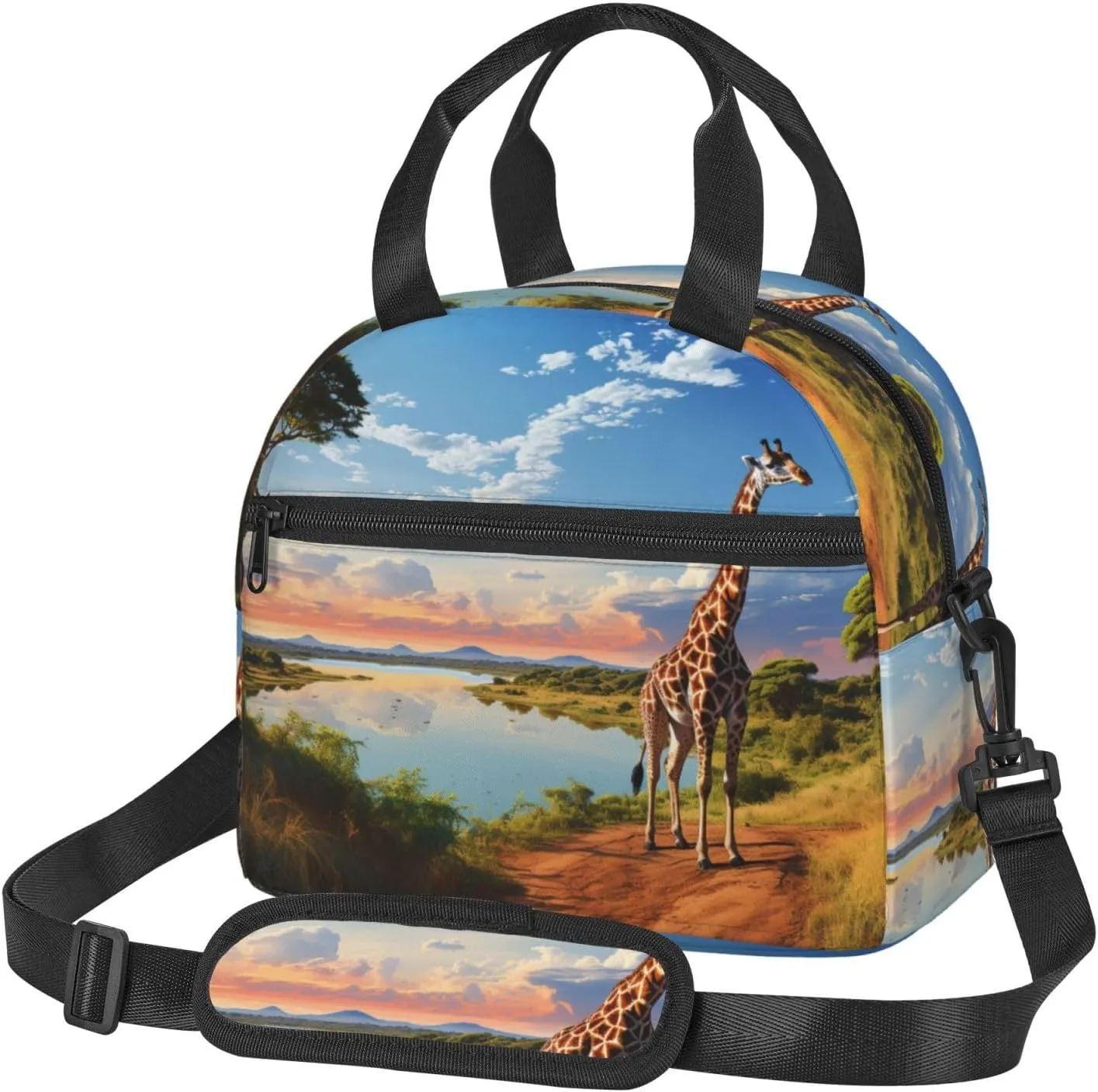 African Landscape with Nile River and Giraffe Lunch Bag for Women Men Reusable Lunch Tote Bags Insulated Lunch Box Large Capacity Lunchbox Cooler Lunch Container for Work Office Picnic Travel