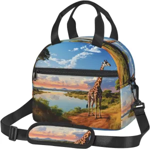African Landscape with Nile River and Giraffe Lunch Bag for Women Men Reusable Lunch Tote Bags Insulated Lunch Box Large Capacity Lunchbox Cooler Lunch Container for Work Office Picnic Travel