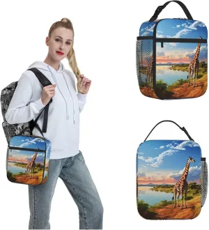 African Landscape with Nile River and Giraffe Lunch Bag for Women Men Reusable Lunch Tote Bags Insulated Lunch Box Large Capacity Lunchbox Cooler Lunch Container for Work Office Picnic Travel