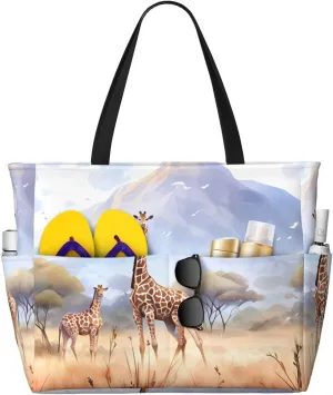 African Savanna Giraffe Print 28L Large Beach Tote Bag, 7 Pockets Waterproof Travel Shoulder Bag, Gym Oversized Tote