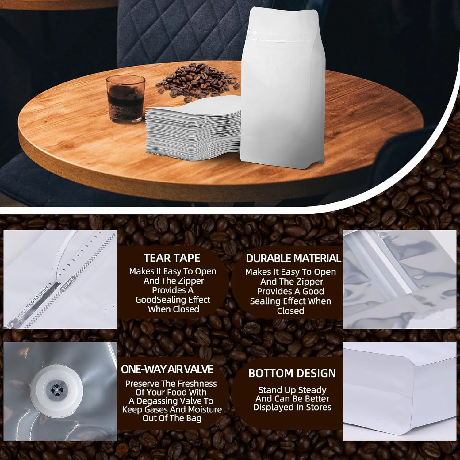 Air tight Coffee Bags with One Way Valve Resealable Aluminum Foil Stand up Smell Proof 25 Pieces Ziplock Coffee Bean Storage Pouches for Home and Store, Matte White 1lb