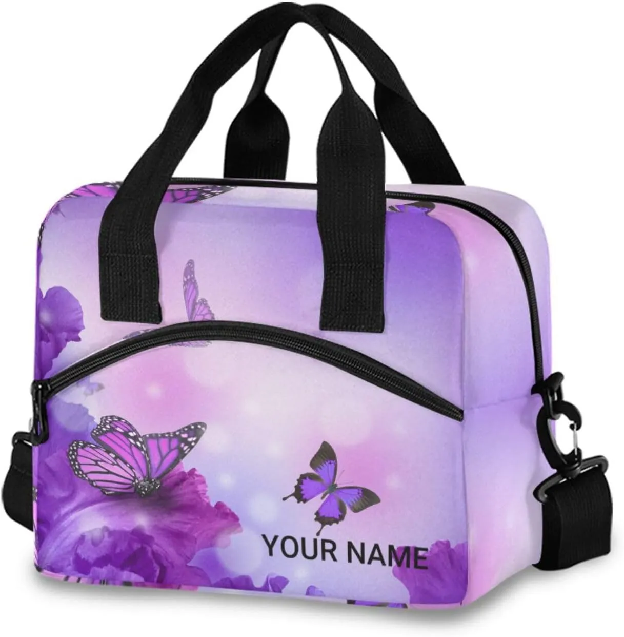 ALAZA Personalized Purple Butterfly Lunch Bags for Women Leakproof Crossbody lunch Box Cooler Bag Customized