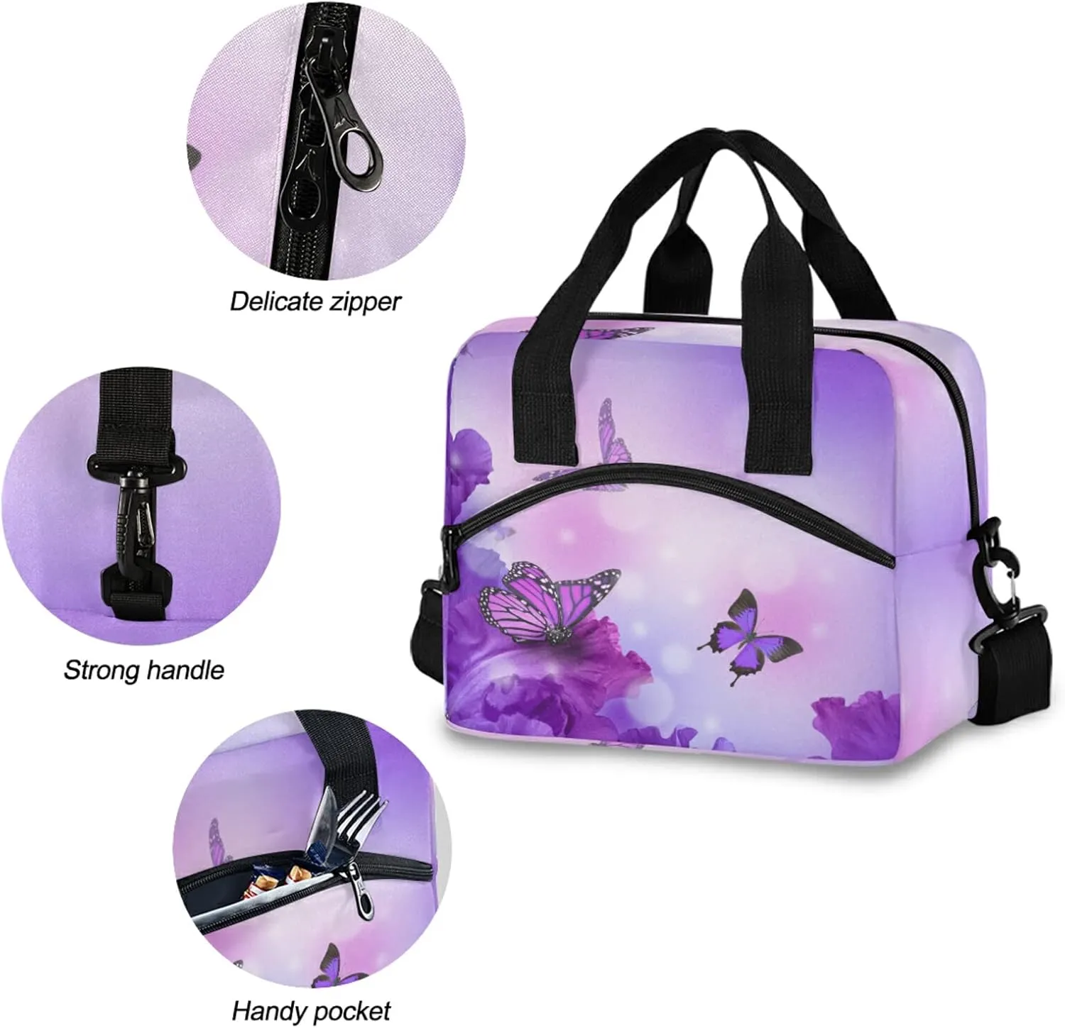 ALAZA Personalized Purple Butterfly Lunch Bags for Women Leakproof Crossbody lunch Box Cooler Bag Customized