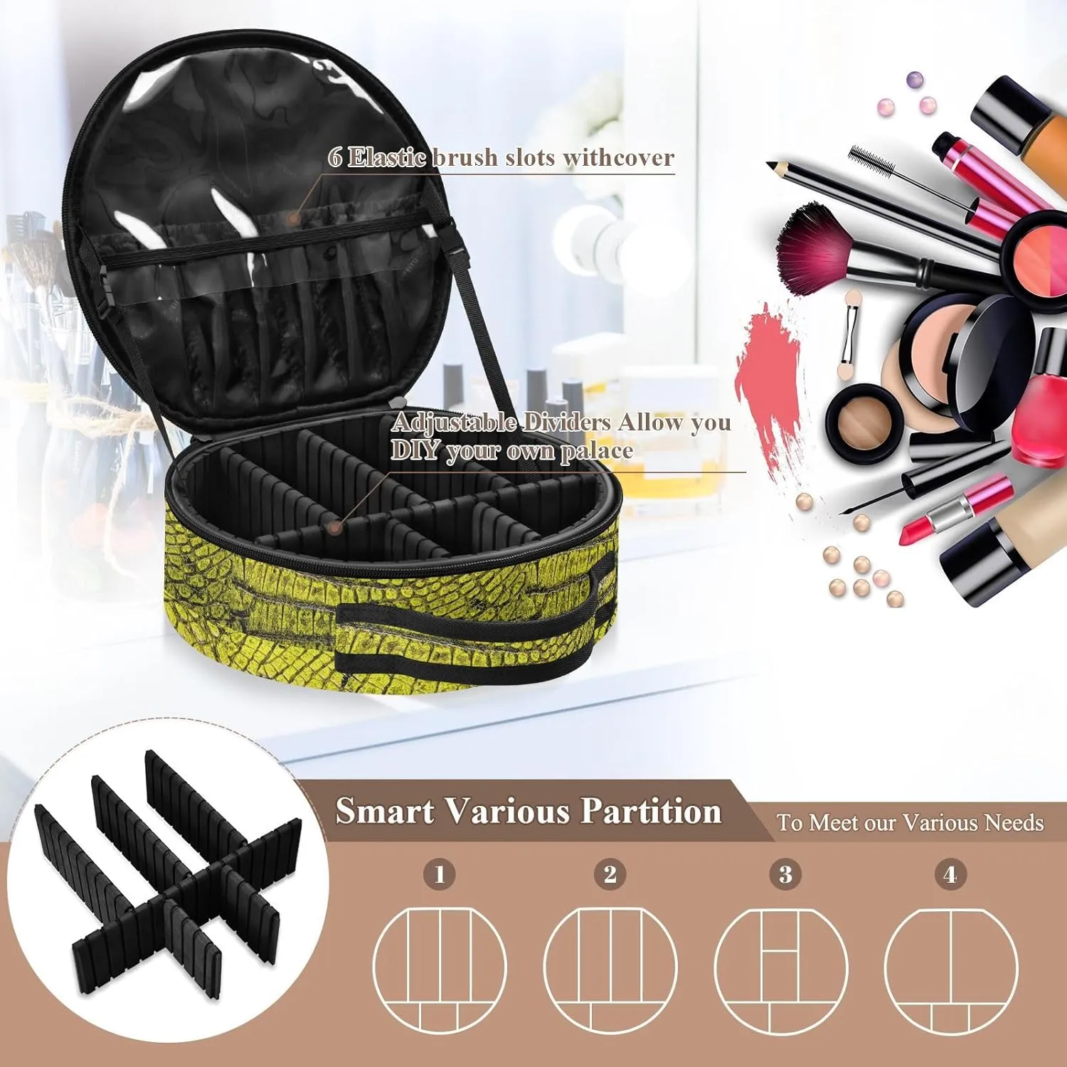 ALAZA Yellow Alligator Patterned Portable Cosmetic Bag Large Capacity Makeup Bags