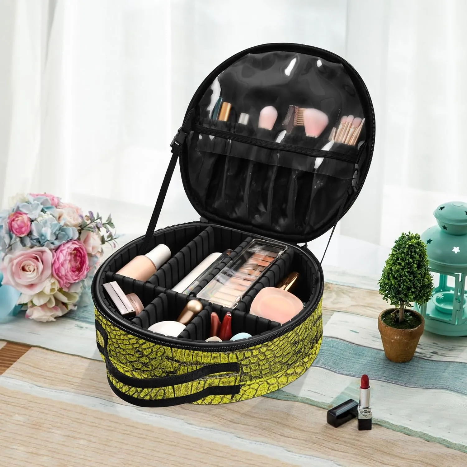 ALAZA Yellow Alligator Patterned Portable Cosmetic Bag Large Capacity Makeup Bags