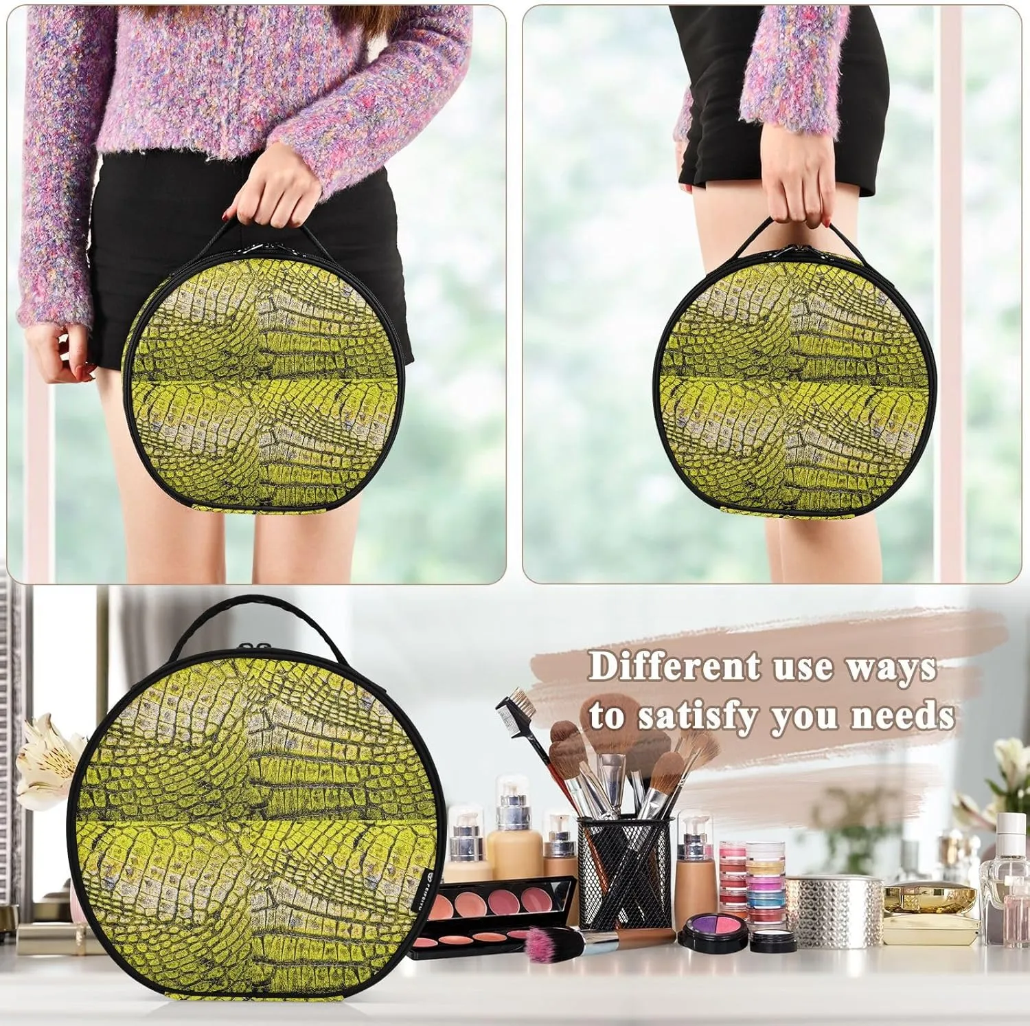 ALAZA Yellow Alligator Patterned Portable Cosmetic Bag Large Capacity Makeup Bags