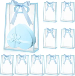 Aliceset 12 Pcs Clear Plastic Gift Bag with Die Cut Handles Graduation Reusable PP Flower Bag with Ribbon for Wedding Bridal Birthday Baby Shower Party Business, 7x10x3.15 Inch(Blue)