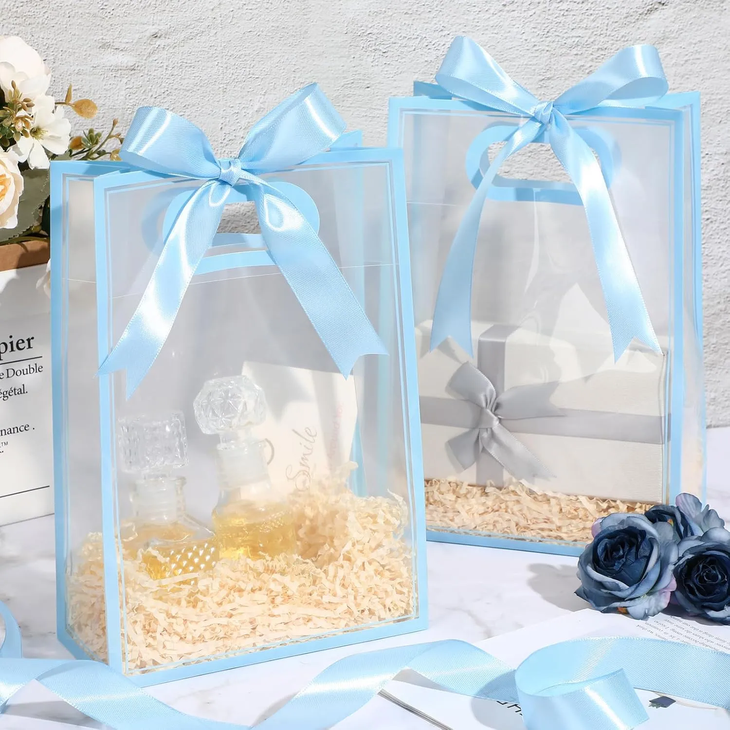 Aliceset 12 Pcs Clear Plastic Gift Bag with Die Cut Handles Graduation Reusable PP Flower Bag with Ribbon for Wedding Bridal Birthday Baby Shower Party Business, 7x10x3.15 Inch(Blue)
