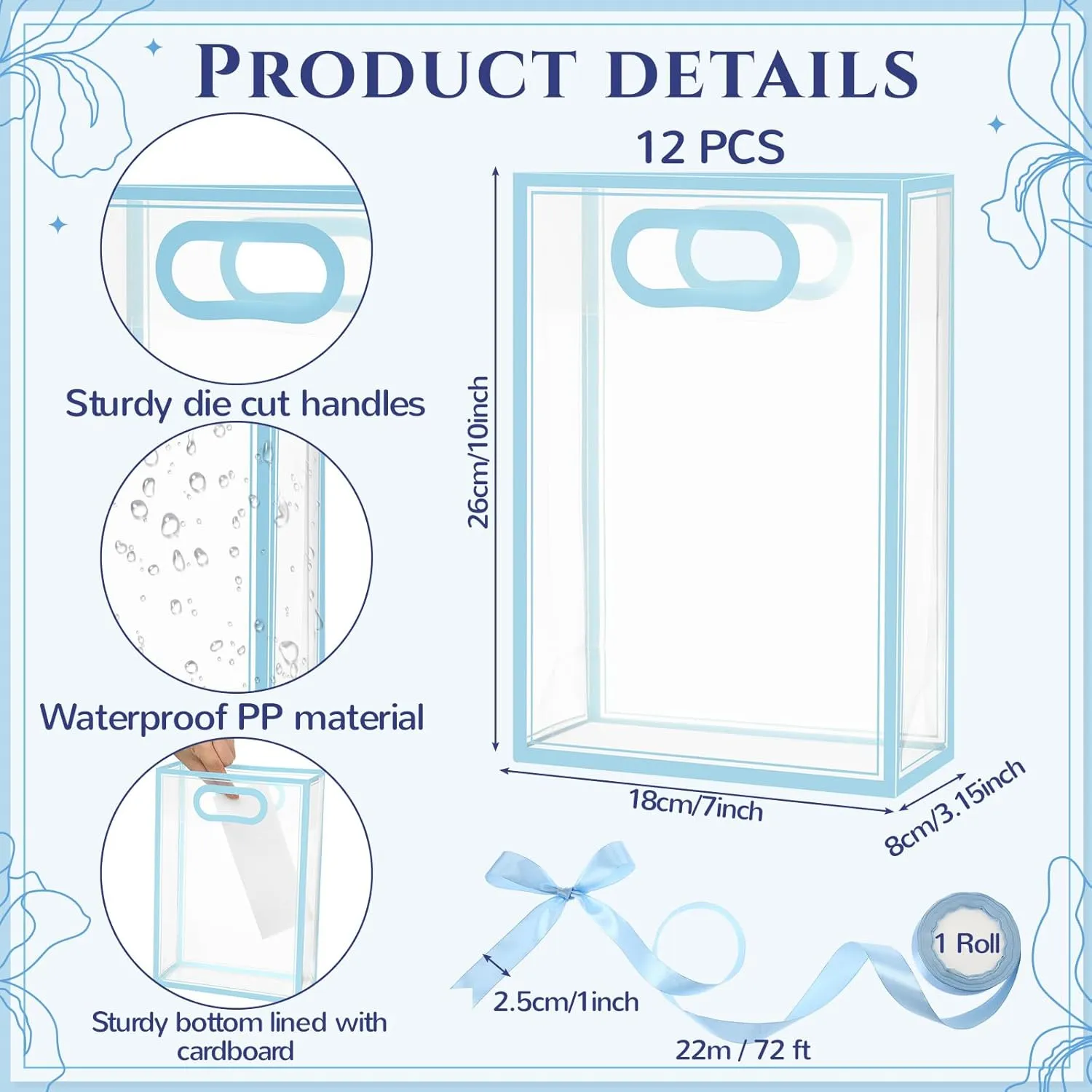 Aliceset 12 Pcs Clear Plastic Gift Bag with Die Cut Handles Graduation Reusable PP Flower Bag with Ribbon for Wedding Bridal Birthday Baby Shower Party Business, 7x10x3.15 Inch(Blue)