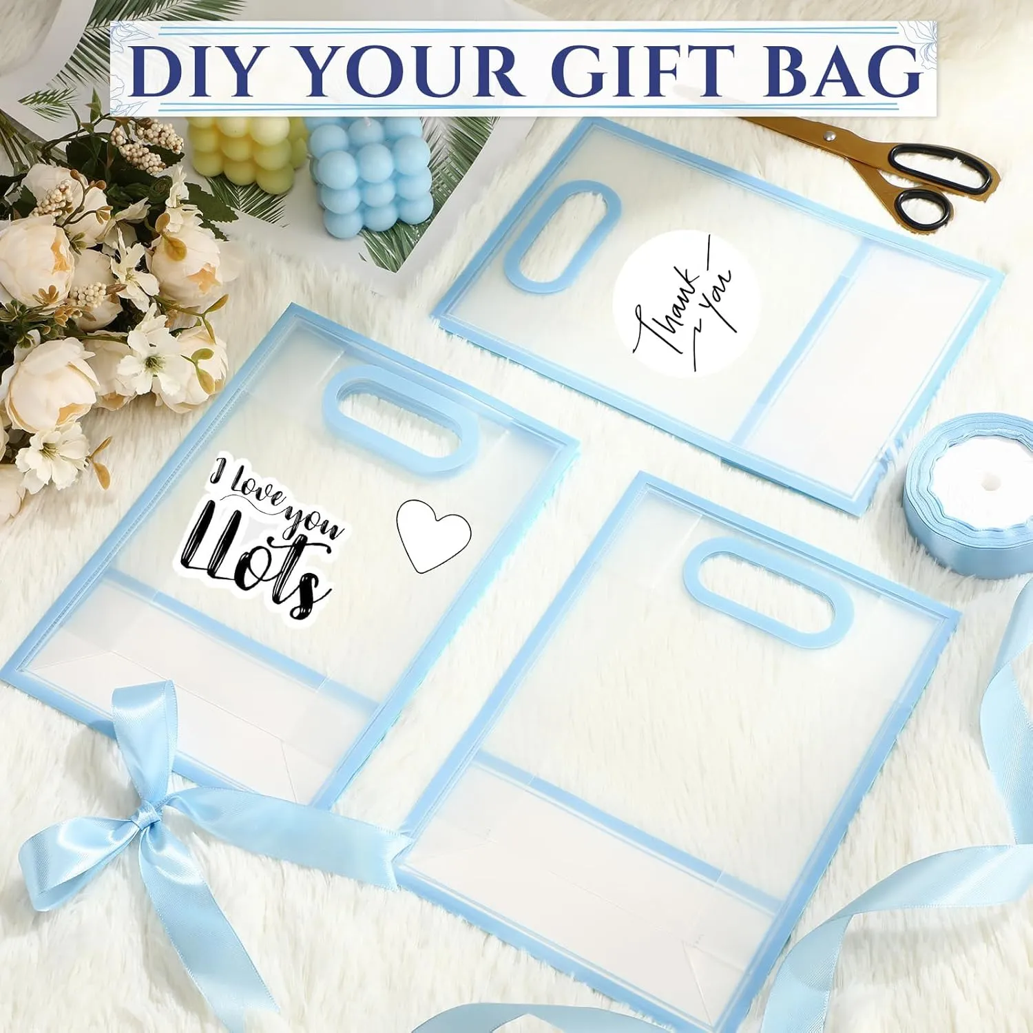 Aliceset 12 Pcs Clear Plastic Gift Bag with Die Cut Handles Graduation Reusable PP Flower Bag with Ribbon for Wedding Bridal Birthday Baby Shower Party Business, 7x10x3.15 Inch(Blue)