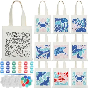 Aliceset 16 Pcs Color Your Own Bag Ocean Animals Canvas Doodle Bags for Painting Craft with Acrylic Paint Set Reusable Cotton Canvas Mini Tote Bag with Handle for Adults Art Birthday Party DIY Craft