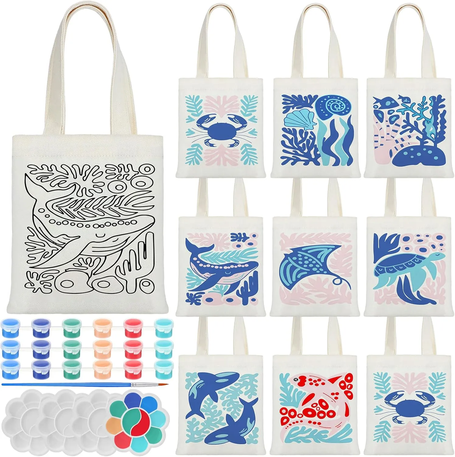 Aliceset 16 Pcs Color Your Own Bag Ocean Animals Canvas Doodle Bags for Painting Craft with Acrylic Paint Set Reusable Cotton Canvas Mini Tote Bag with Handle for Adults Art Birthday Party DIY Craft