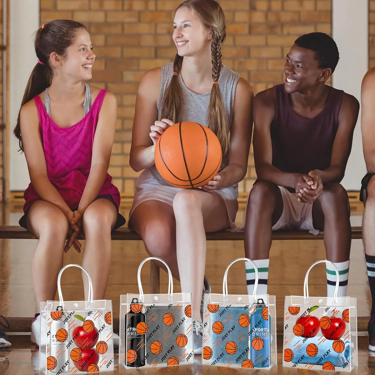 Aliceset 20 Pcs Basketball Clear Gift Bag with Handles Plastic Basketball Treat Plastic Sport Theme Favor Snack Bag for Team Game Rookie Year Birthday Decorations, 8 x 8 x 3.15 Inch