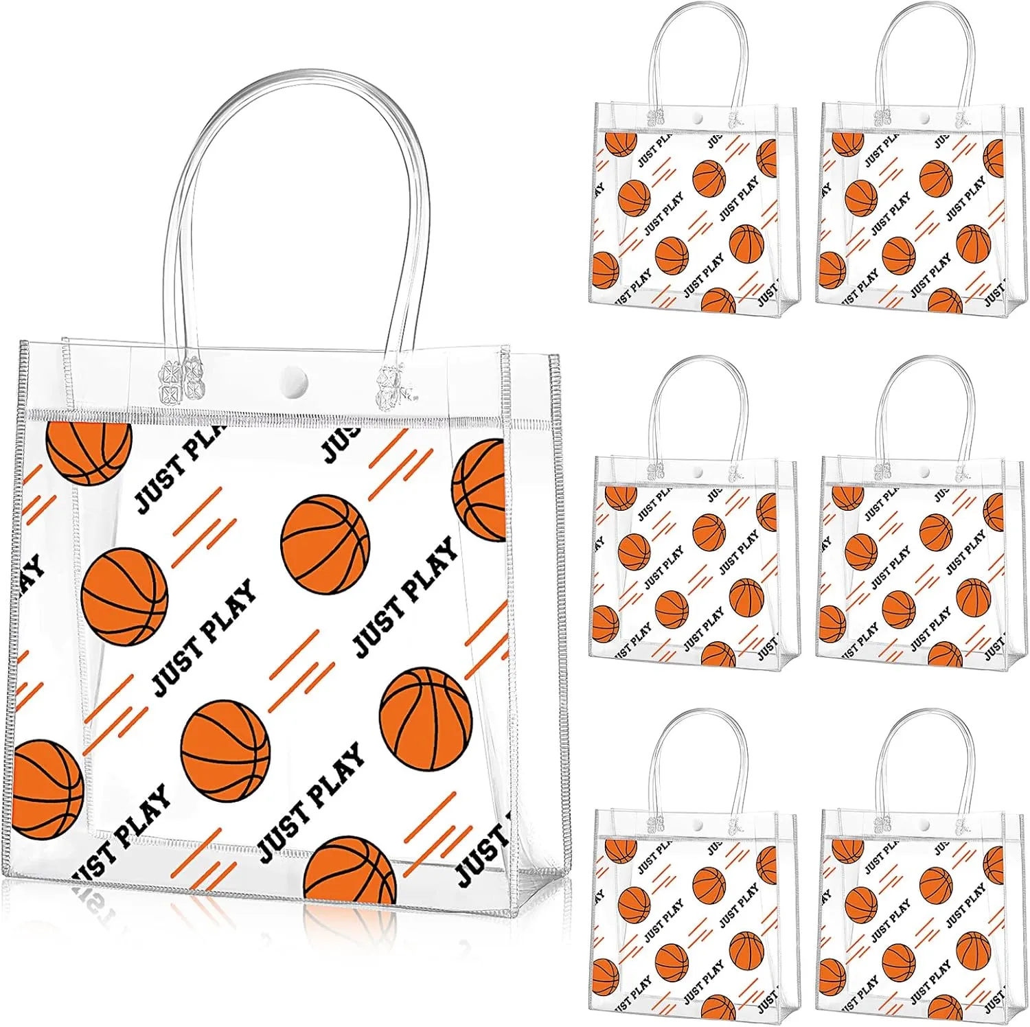 Aliceset 20 Pcs Basketball Clear Gift Bag with Handles Plastic Basketball Treat Plastic Sport Theme Favor Snack Bag for Team Game Rookie Year Birthday Decorations, 8 x 8 x 3.15 Inch